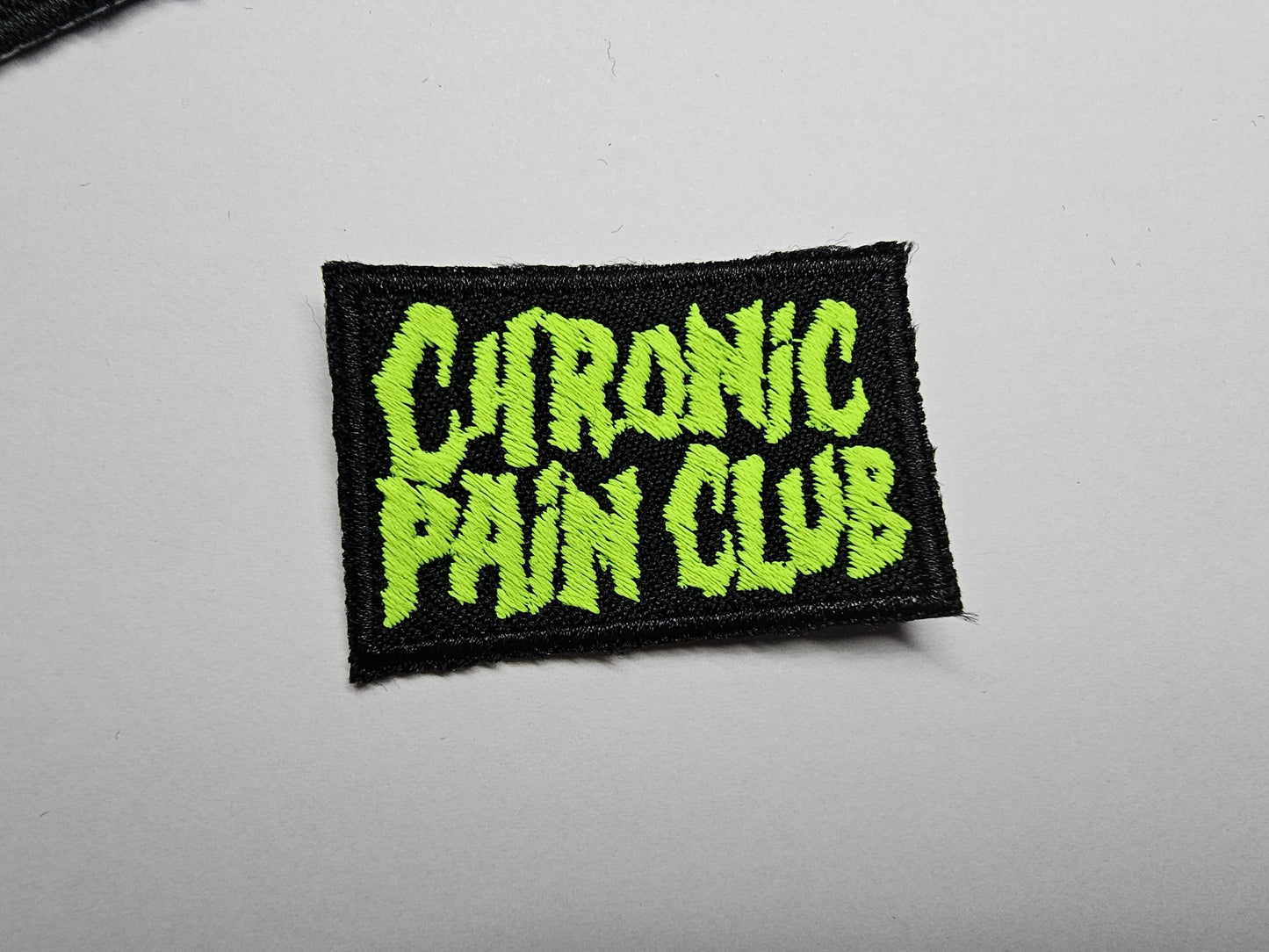 Chronic Pain Club Death Metal Retro Iron On Embroidered Patch or Fibromyalgia Black Metal