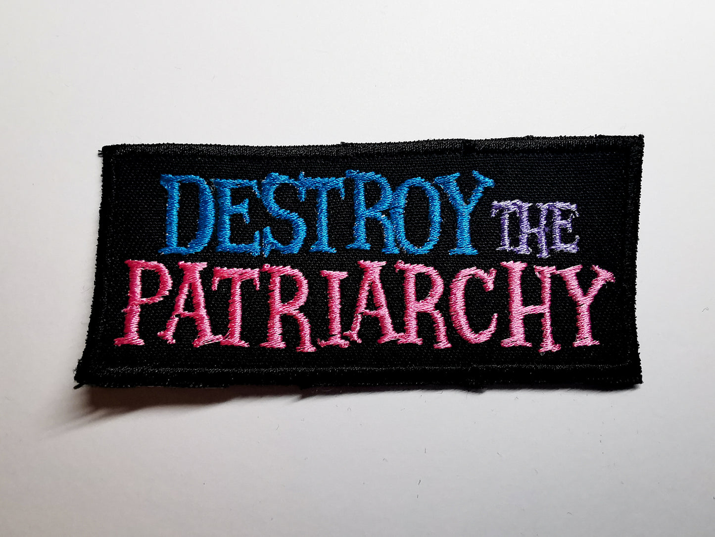 Destroy the Patriarchy Embroidered Patch Vibrant Blue Pink and Lavender