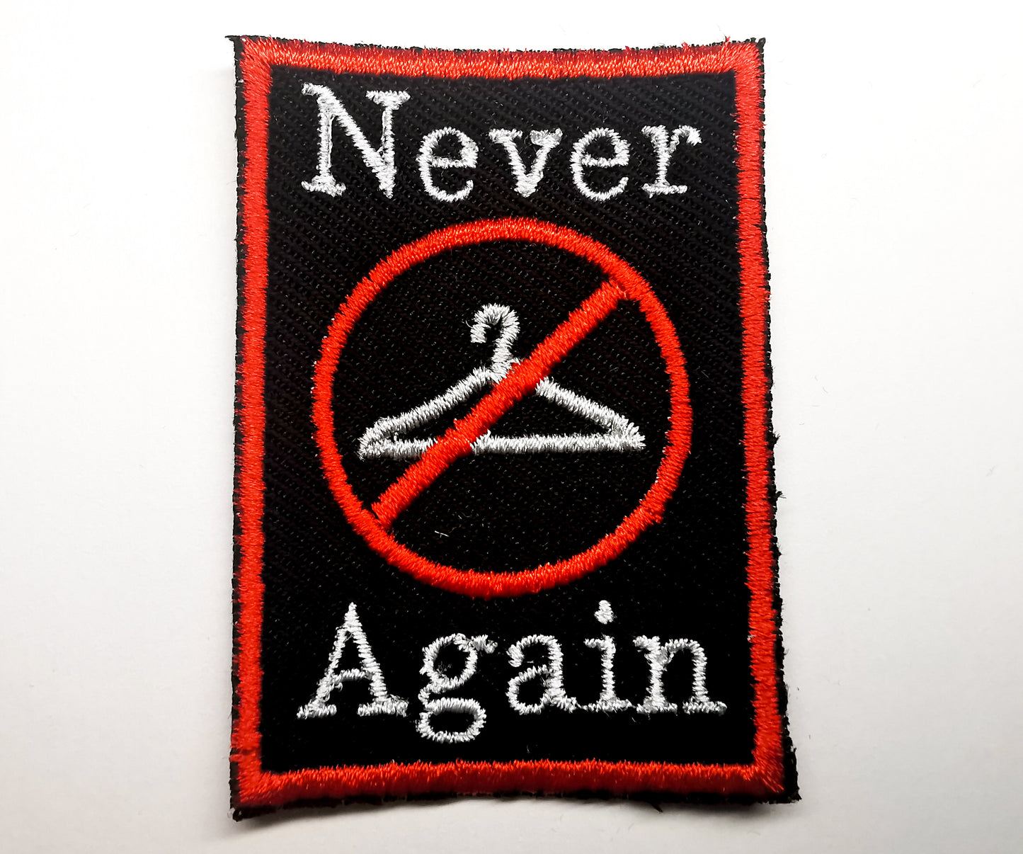 Never Again Abortion Rights Hanger Embroidered Patch Red