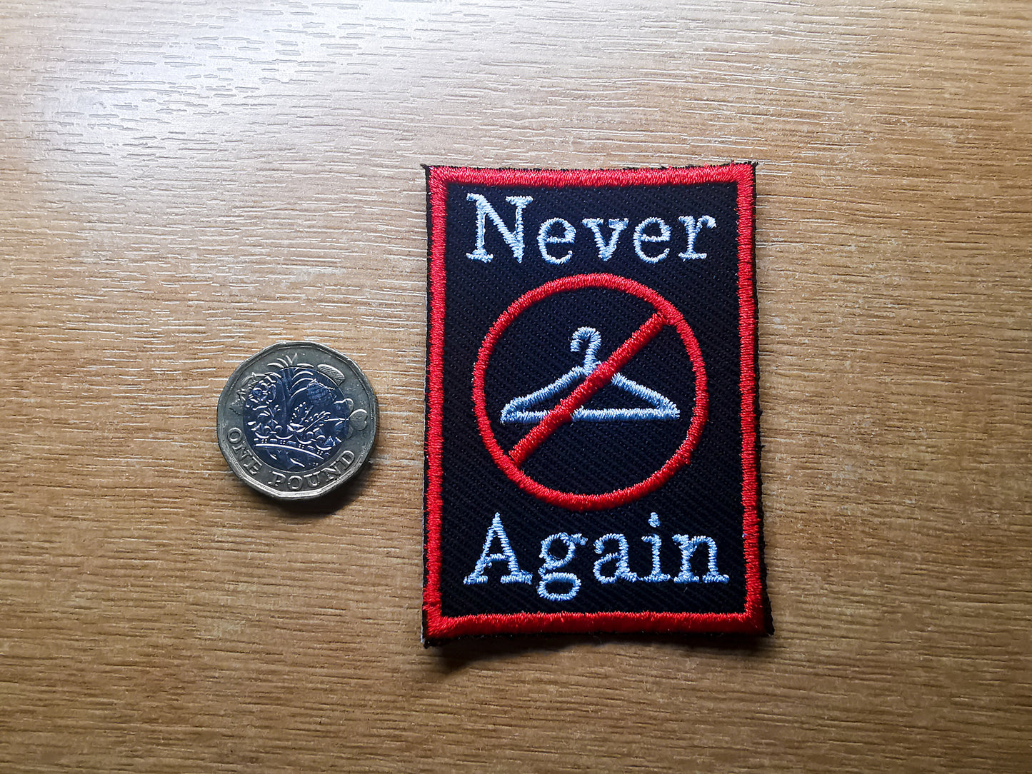 Never Again Abortion Rights Hanger Embroidered Patch Red