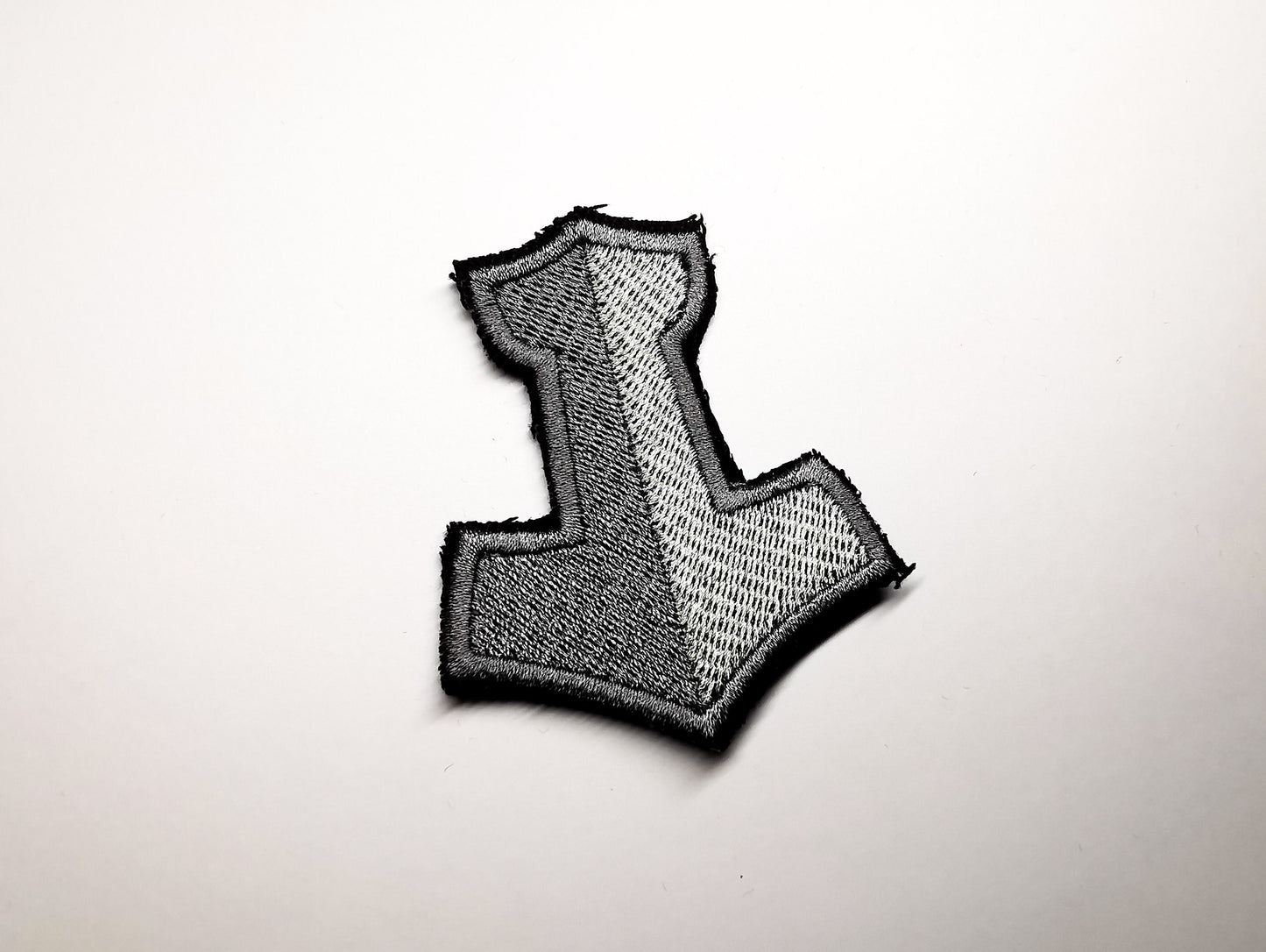 Two-Shade Silver Mjolnir Iron On Embroidered Patch Viking Norse Mythology Thor Hammer Patches