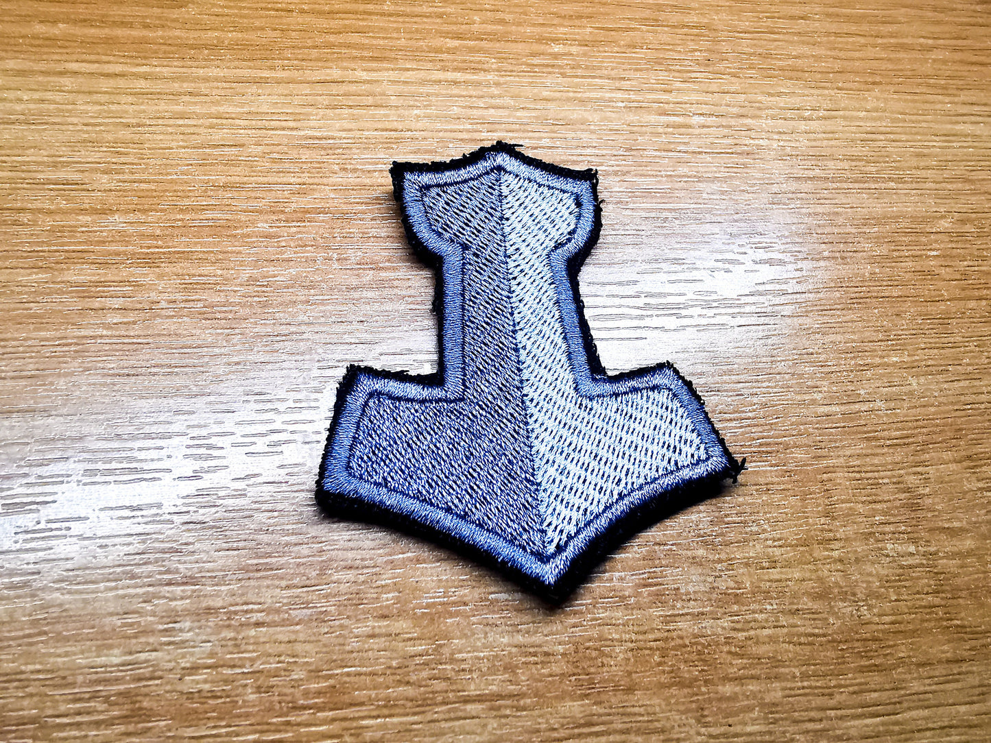 Two-Shade Silver Mjolnir Iron On Embroidered Patch Viking Norse Mythology Thor Hammer Patches