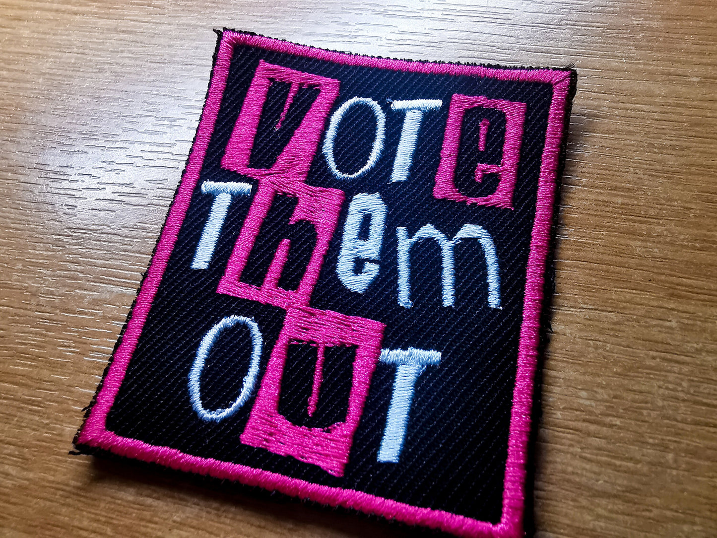 Vote Them Out Punk Embroidered Iron On Patch Politics Dark Fuchsia