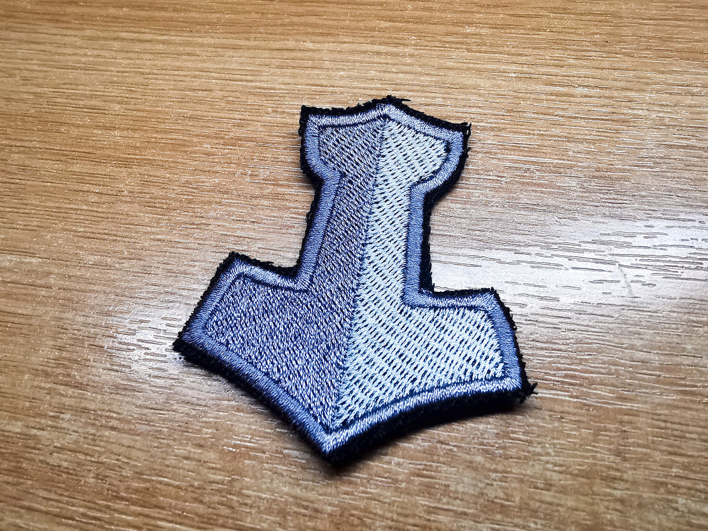 Two-Shade Silver Mjolnir Iron On Embroidered Patch Viking Norse Mythology Thor Hammer Patches