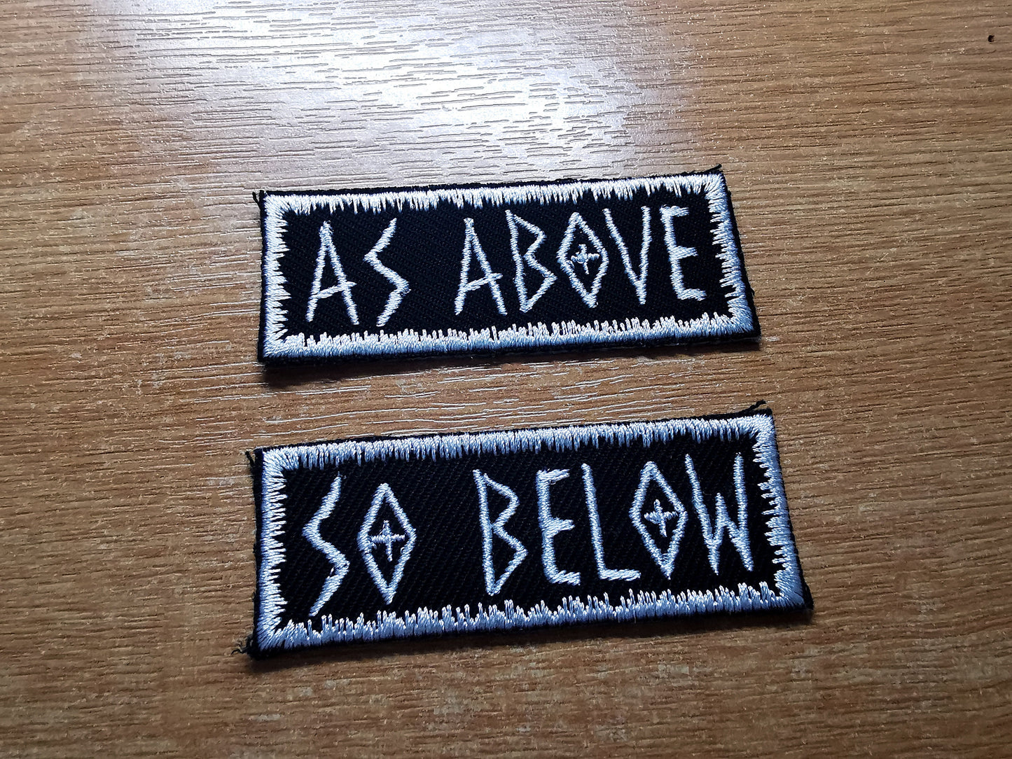 As Above So Below White Iron On Embroidered Patch Heavy Metal style patch