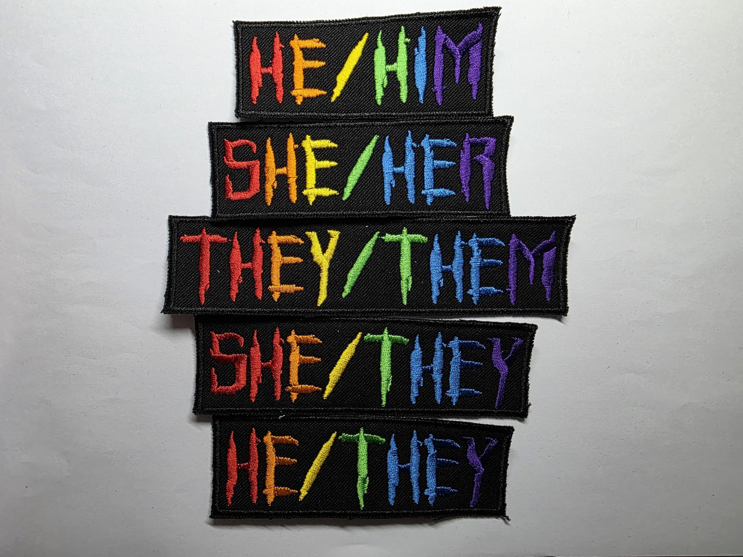 Punk Horror Pronoun Patches Embroidered Neon and Rainbow