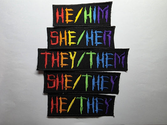 Punk Horror Pronoun Patches Embroidered Neon and Rainbow