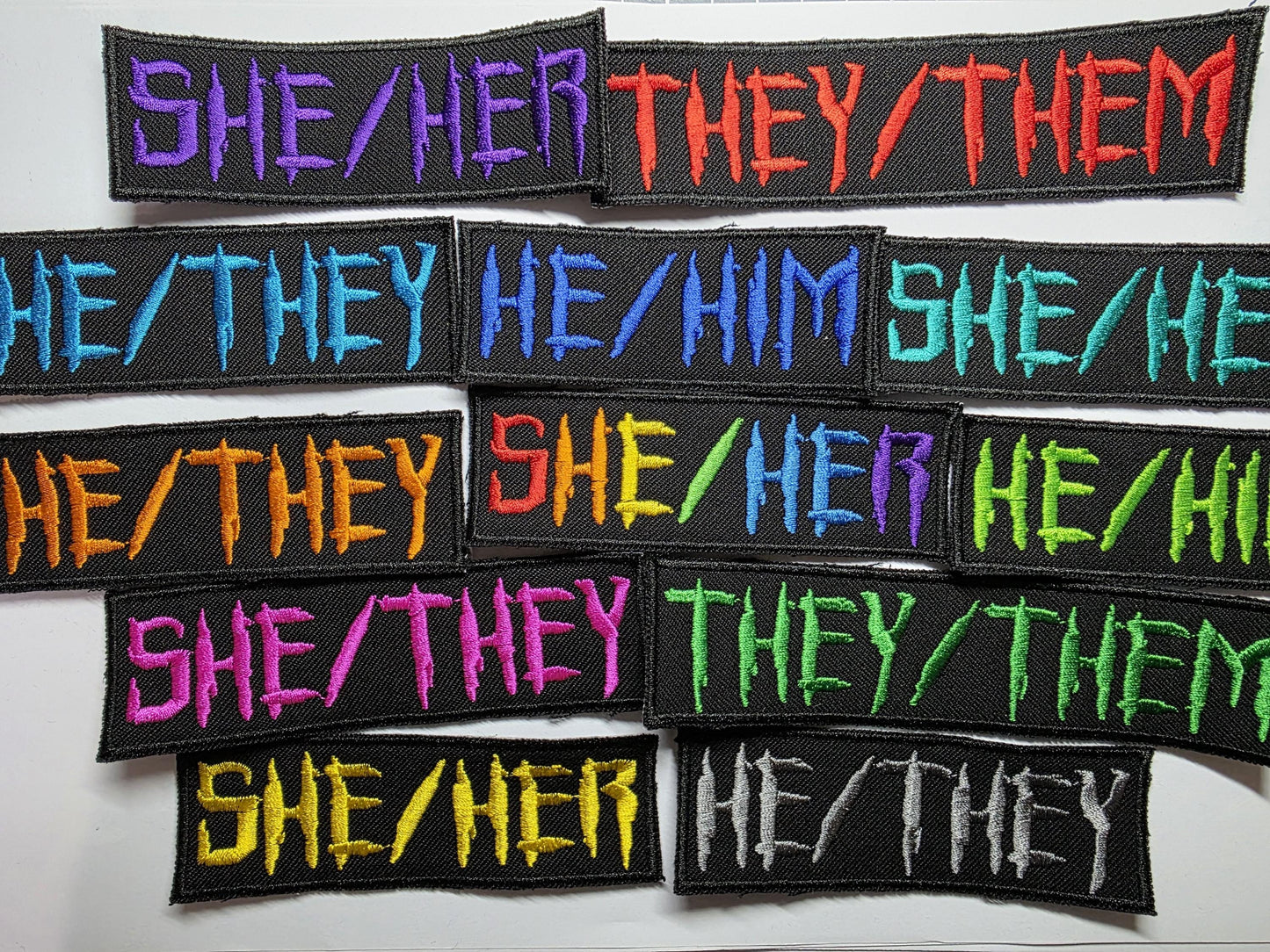Punk Horror Pronoun Patches Embroidered Neon and Rainbow