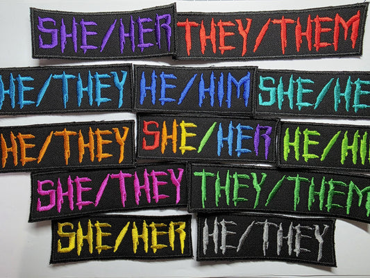 Punk Horror Pronoun Patches Embroidered Neon and Rainbow