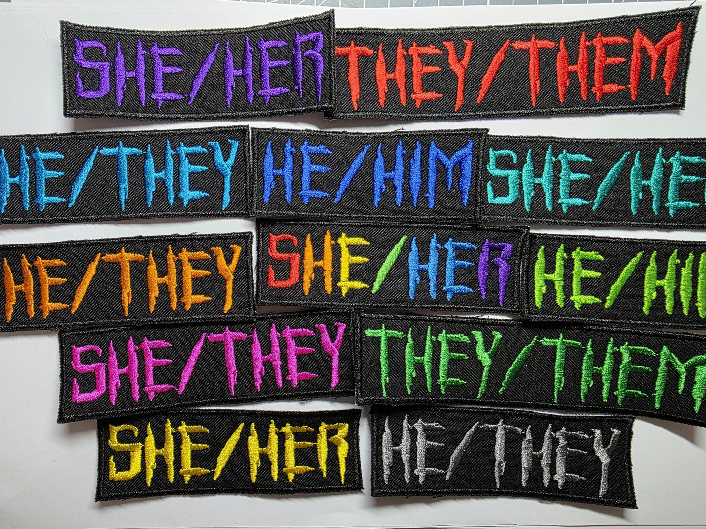 Punk Horror Pronoun Patches Embroidered Neon and Rainbow