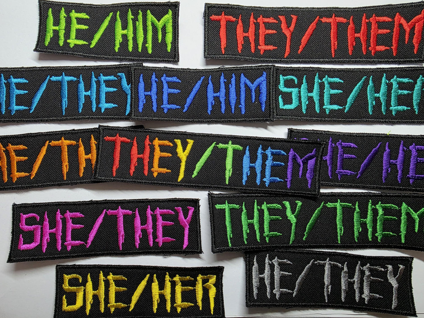 Punk Horror Pronoun Patches Embroidered Neon and Rainbow