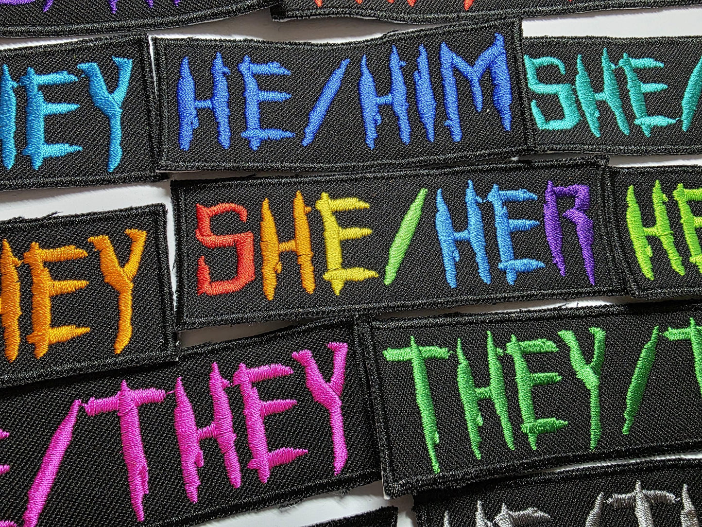 Punk Horror Pronoun Patches Embroidered Neon and Rainbow