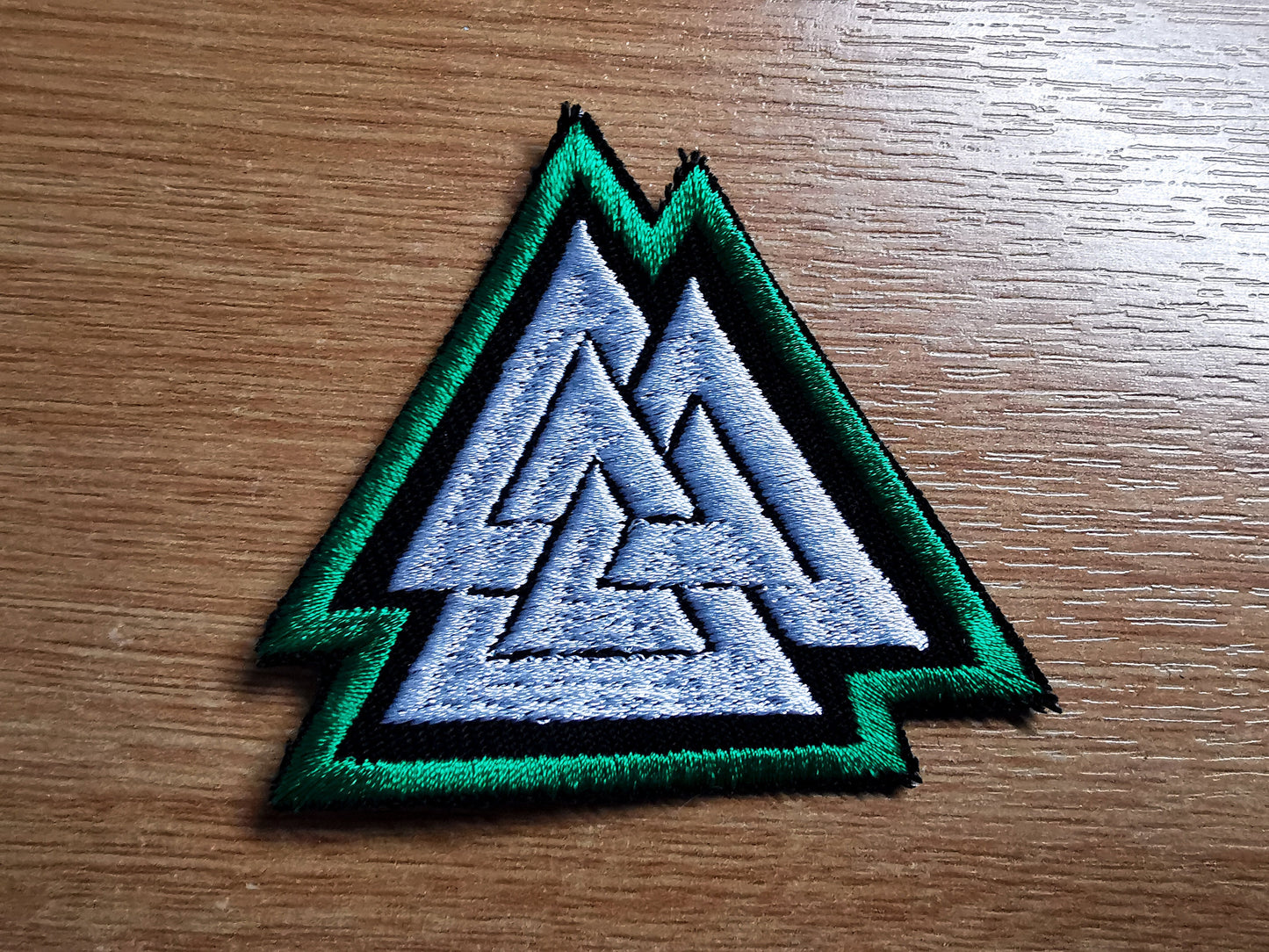 White Valknut Dark Green Border Embroidered Patch Viking Patches