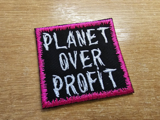 Planet Over Profit Embroidered Patch Pink Climate Crisis Environmental Action