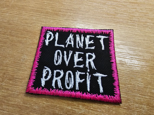 Planet Over Profit Embroidered Patch Pink Climate Crisis Environmental Action