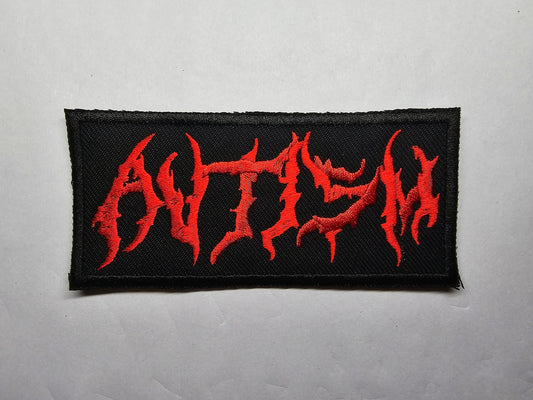 Autism Death Metal Band Logo Style Red Embroidered Patch Neurodivergent Metal