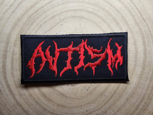 Autism Death Metal Band Logo Style Red Embroidered Patch Neurodivergent Metal