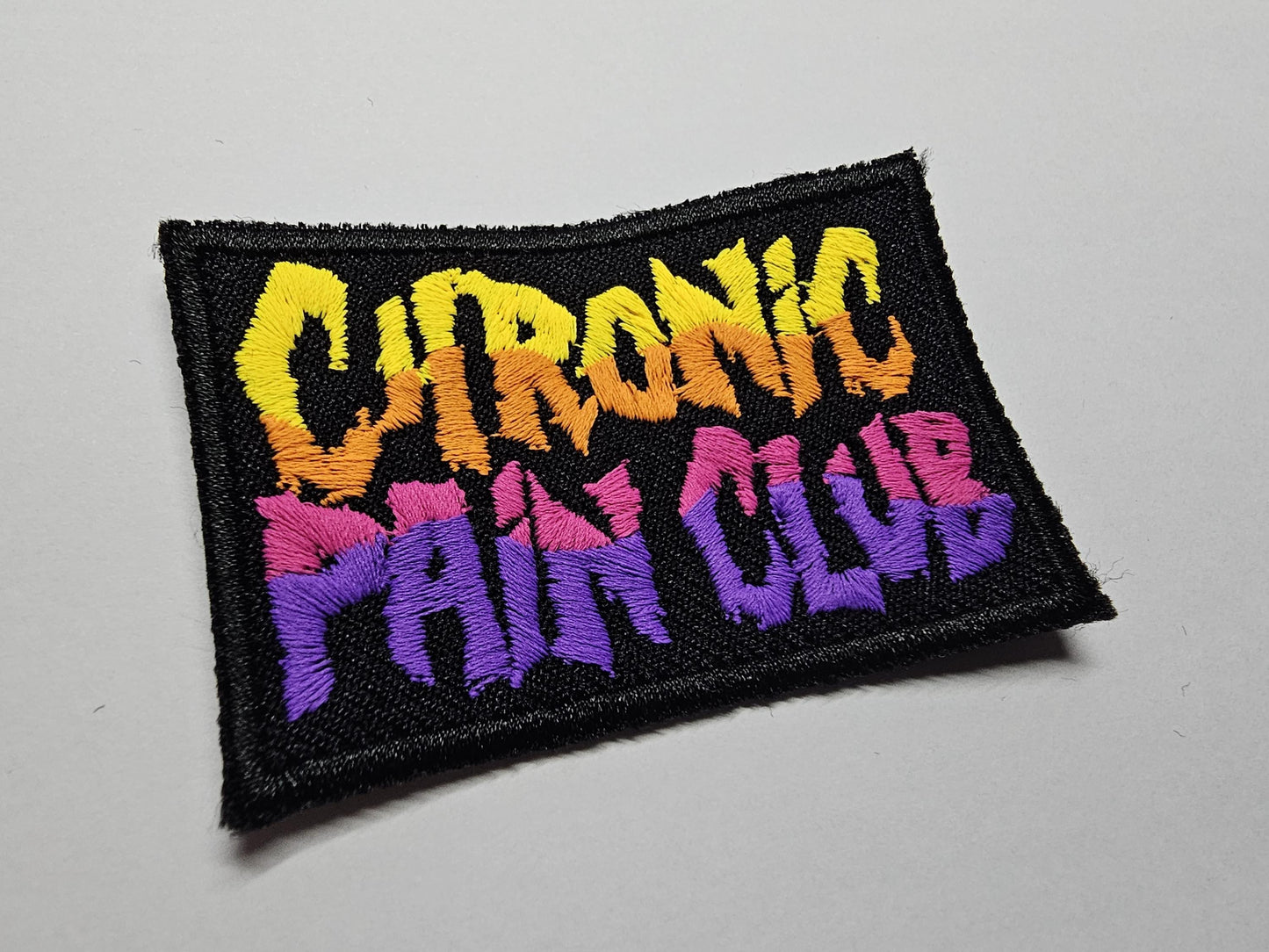 Chronic Pain Club Death Metal Retro Iron On Embroidered Patch or Fibromyalgia Black Metal