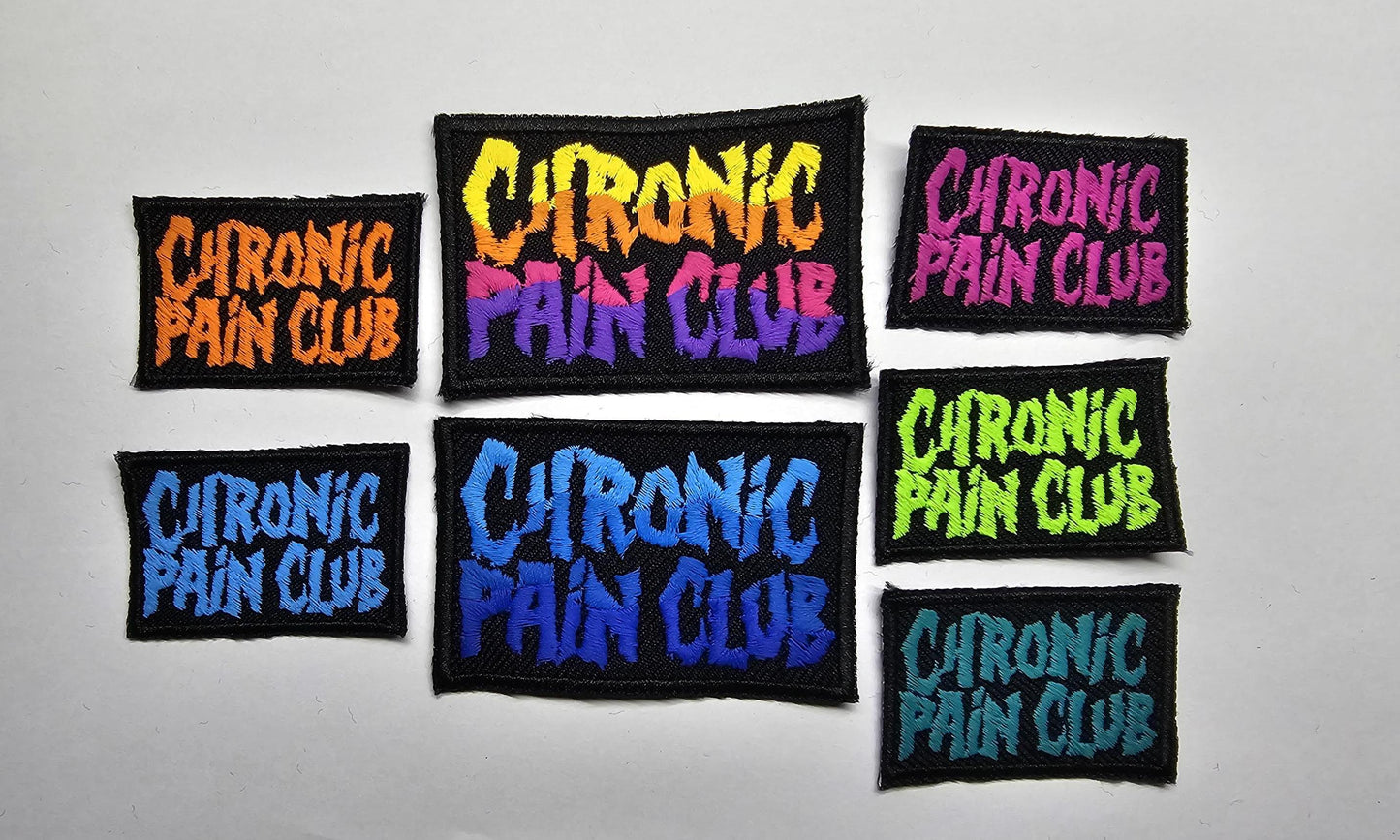 Chronic Pain Club Death Metal Retro Iron On Embroidered Patch or Fibromyalgia Black Metal