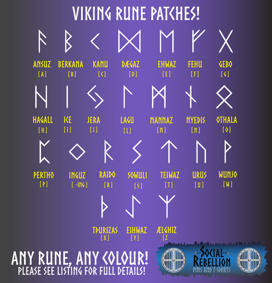 Mini Viking Runes Embroidered Patches - Pewter Border and White - All Runes Available