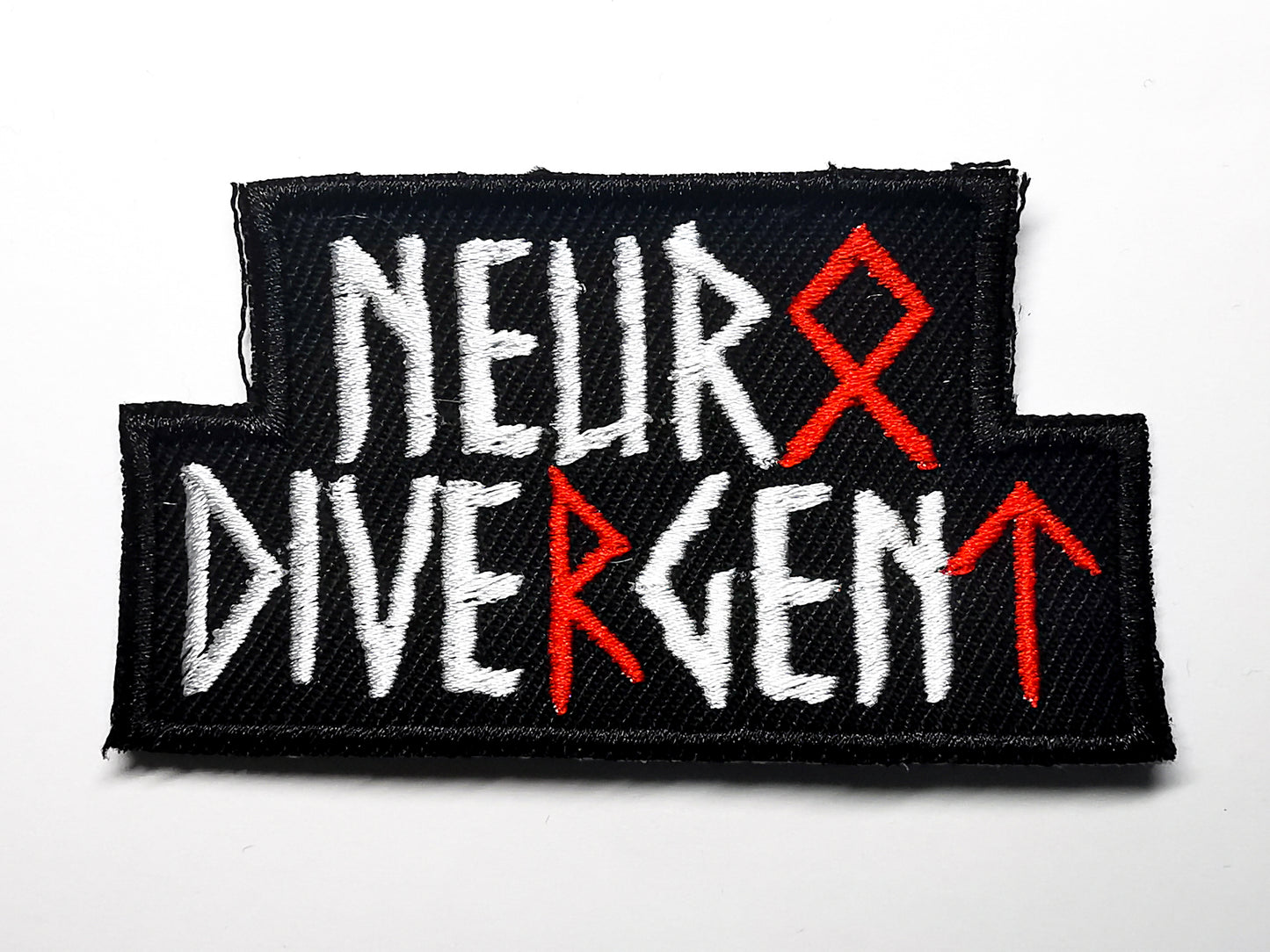Neurodivergent Viking Runes Embroidered Patch White and Red Cut-Out