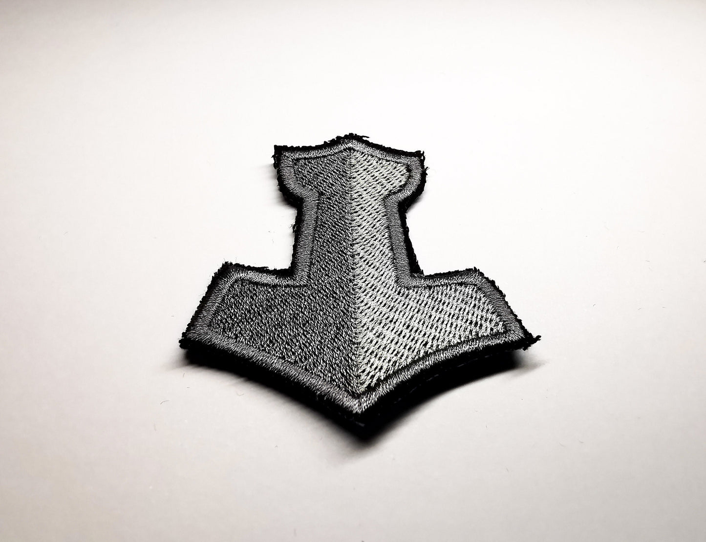 Two-Shade Silver Mjolnir Iron On Embroidered Patch Viking Norse Mythology Thor Hammer Patches