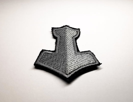 Two-Shade Silver Mjolnir Iron On Embroidered Patch Viking Norse Mythology Thor Hammer Patches