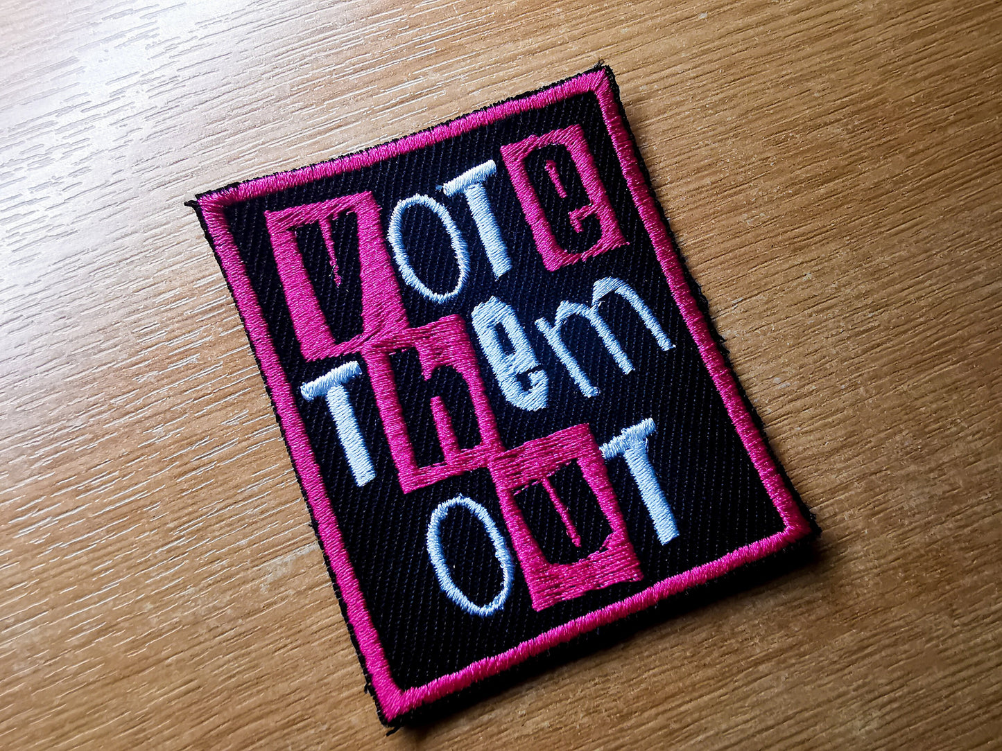 Vote Them Out Punk Embroidered Iron On Patch Politics Dark Fuchsia