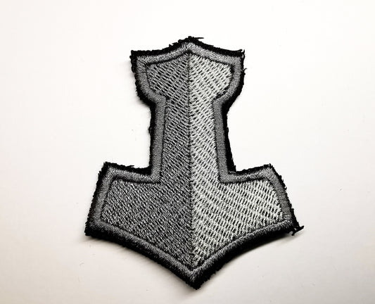 Two-Shade Silver Mjolnir Iron On Embroidered Patch Viking Norse Mythology Thor Hammer Patches