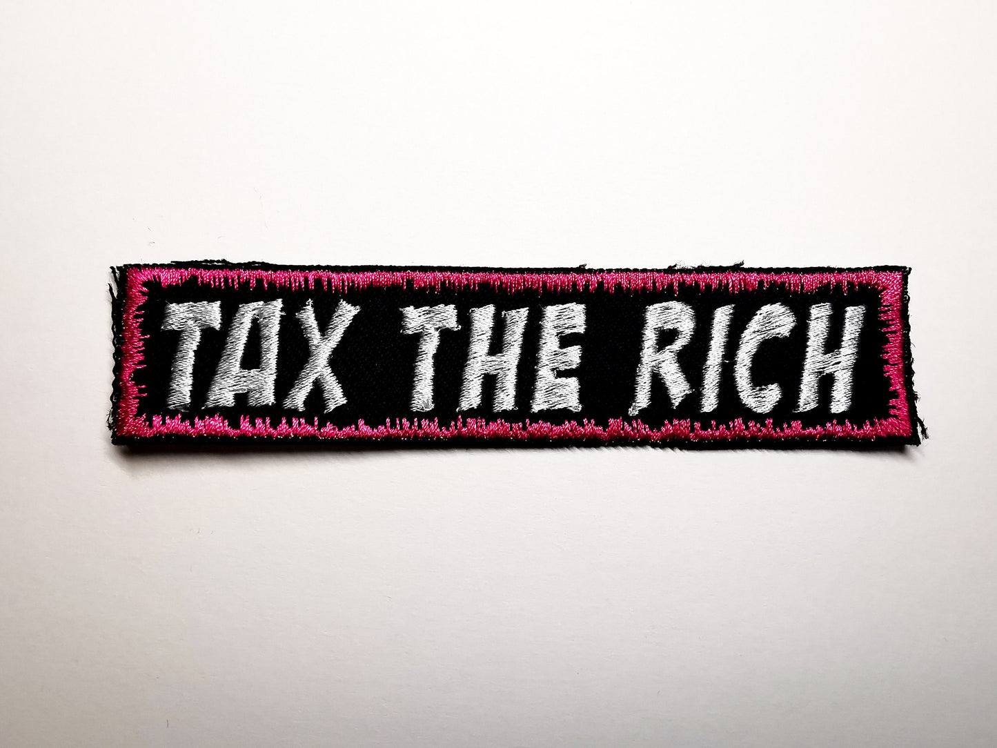 Tax The Rich Embroidered Iron On Patch Politics Punk Billionaire Capitalism Flamingo Pink Border