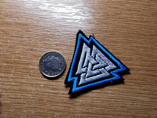 TINY Valknut Iron On Vibrant Aqua Blue Embroidered Patch Viking Patches