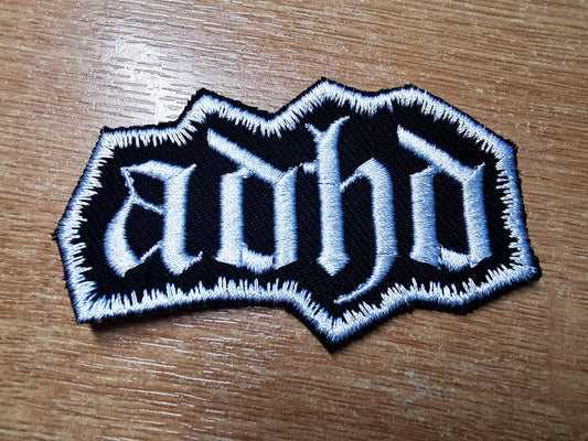 ADHD Metal Style Iron On Embroidered Patch Neurodiversity ND Black Metal