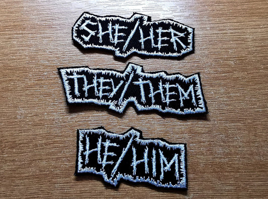 Punk Pronoun Patches Embroidered Iron on Contour Spikey Cut out LGBTQ+
