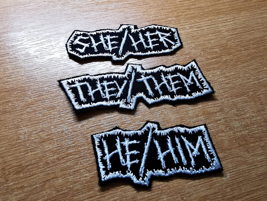 Punk Pronoun Patches Embroidered Iron on Contour Spikey Cut out LGBTQ+