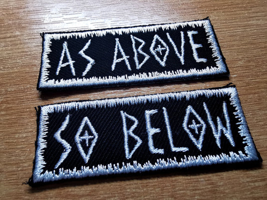 As Above So Below White Iron On Embroidered Patch Heavy Metal style patch