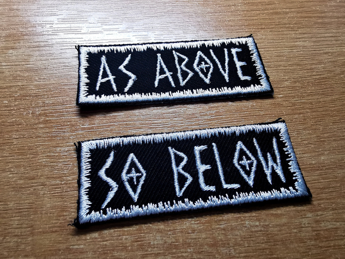 As Above So Below White Iron On Embroidered Patch Heavy Metal style patch