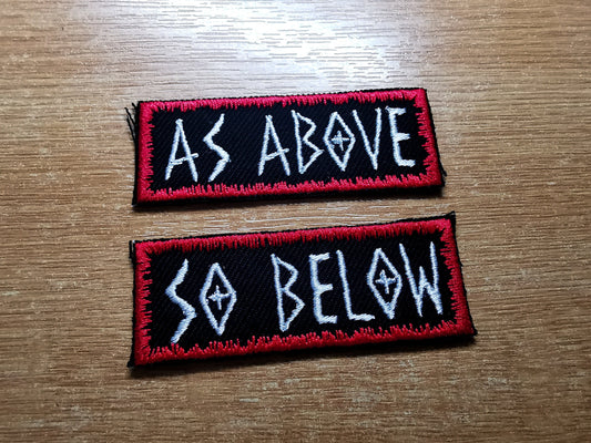 As Above So Below Red Iron On Embroidered Patch Heavy Metal style patch