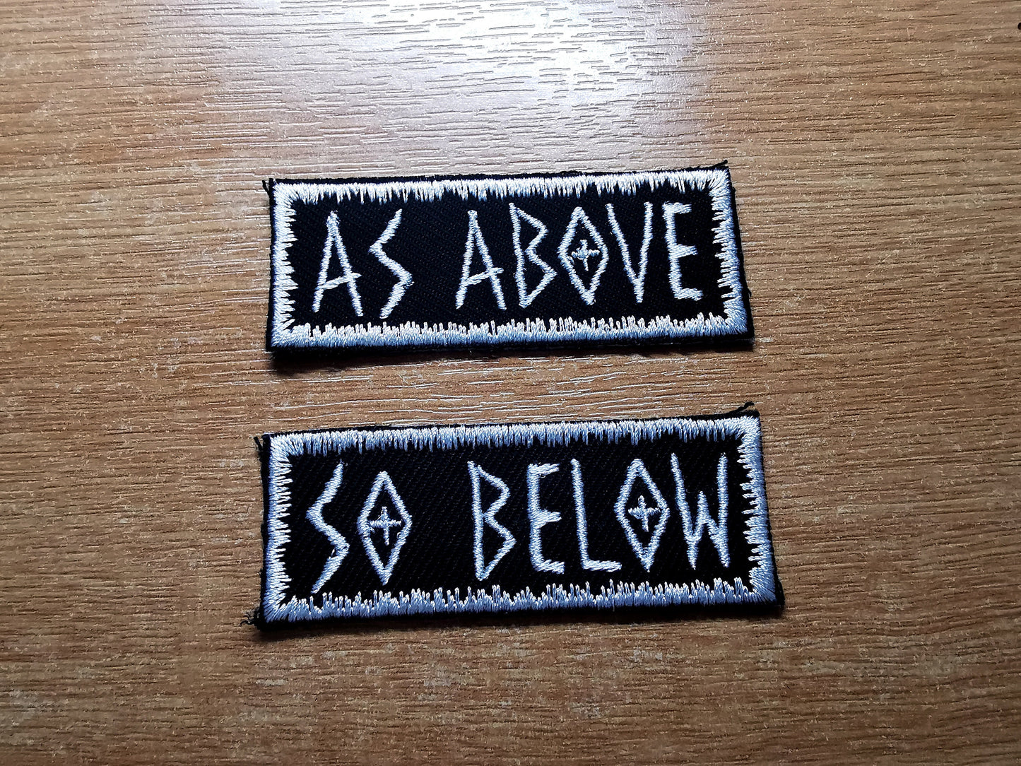 As Above So Below White Iron On Embroidered Patch Heavy Metal style patch