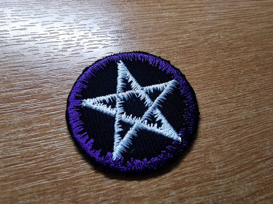 Pentagram Iron On Embroidered Patch Purple and White