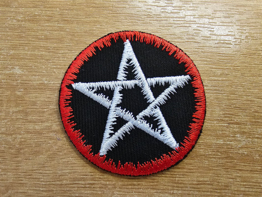 Pentagram Iron On Embroidered Patch Red and White