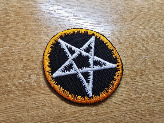 Pentagram Iron On Embroidered Patch Orange and White