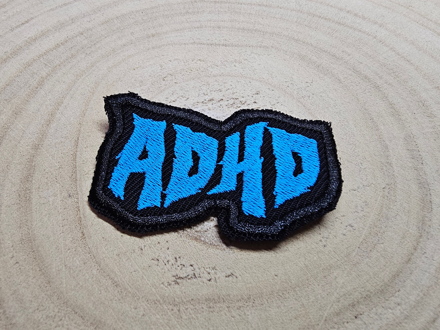 ADHD Blue Death Metal Iron On Embroidered Patch Neurodiversity ND Black Metal