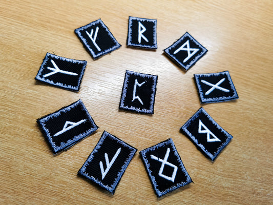 Mini Viking Runes Embroidered Patches - Pewter Border and White - All Runes Available
