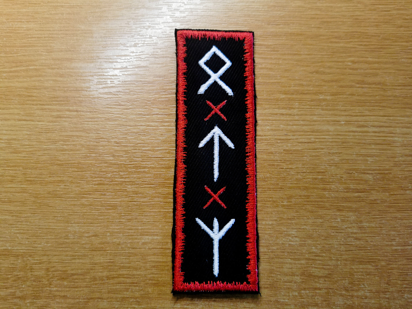 Red and White Viking Rune Embroidered Patch - Odal, Teiwaz and Algeiz.