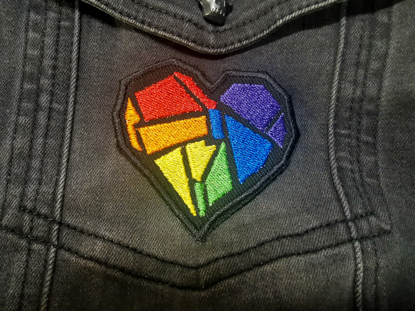Rainbow Heart Embroidered Patch Rave Retro Puzzle Cube Style