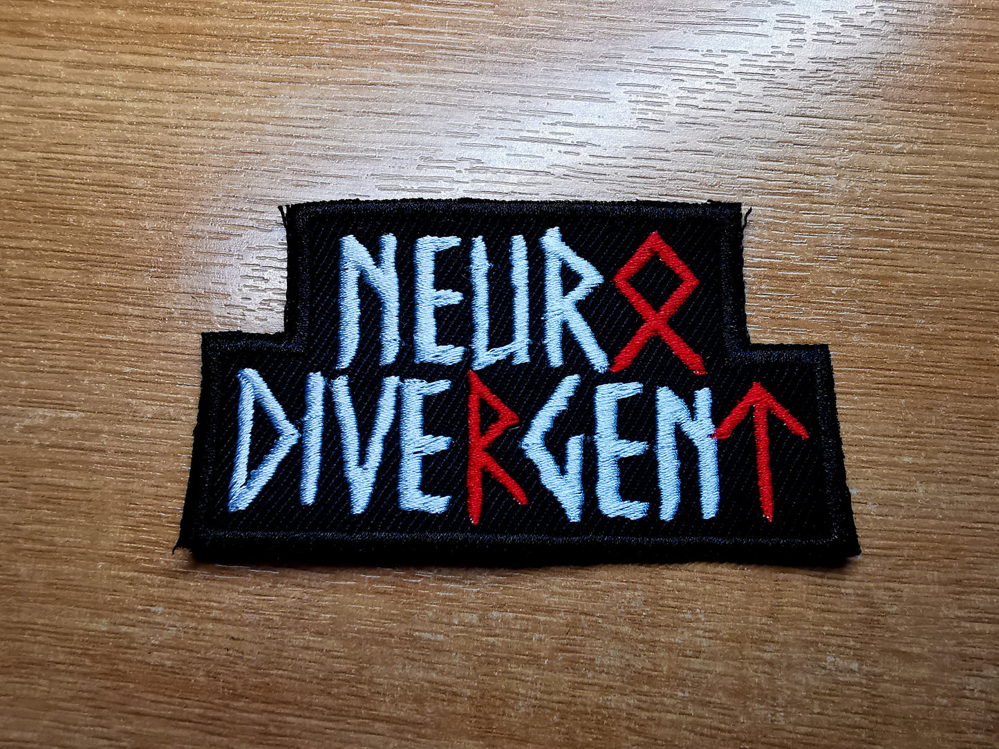 Neurodivergent Viking Runes Embroidered Patch White and Red Cut-Out